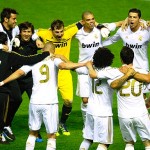Real Madrid players celebrate after their 3-0 win over Athletic Bilbao gave them the Spanish first division league title at San Mames stadium in Bilbao