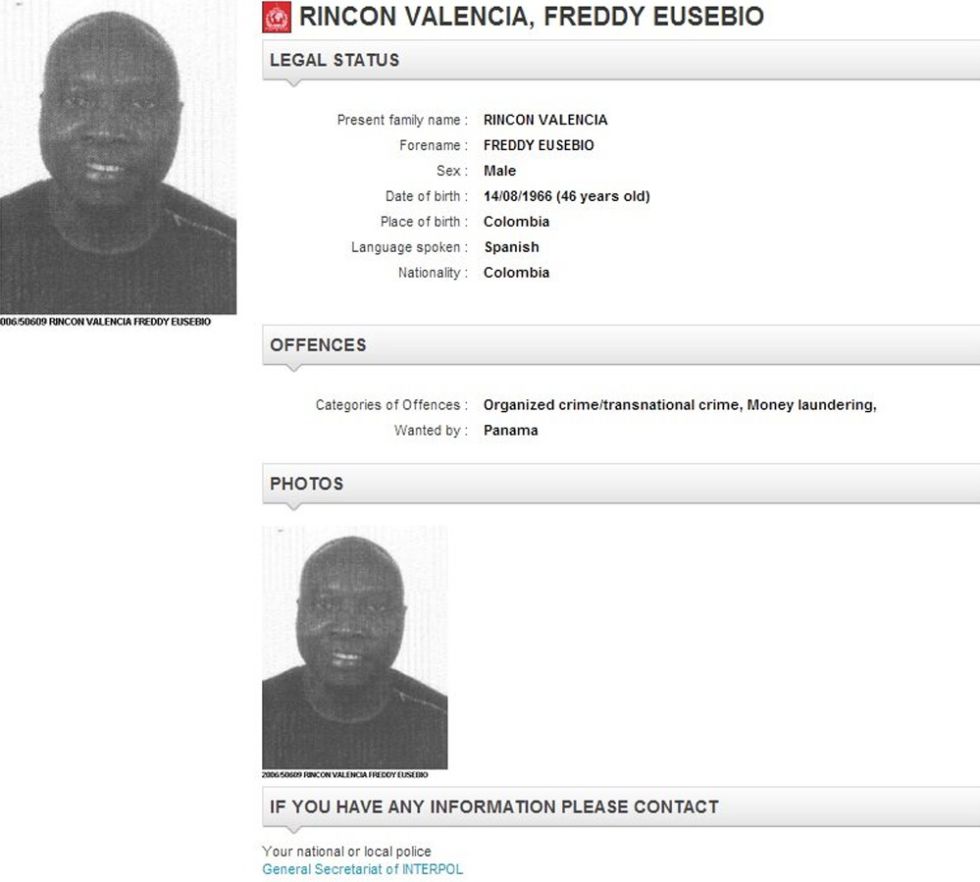 La ficha de la Interpol de Freddy Rincón. 