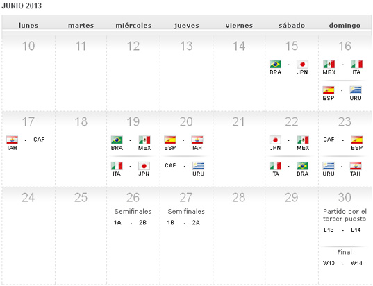 Calendario de los partidos de la Copa Confederaciones 2013 a celebrar en Brasil