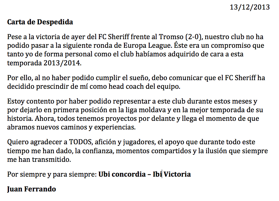 Carta de despedida de Juan Ferrando.
