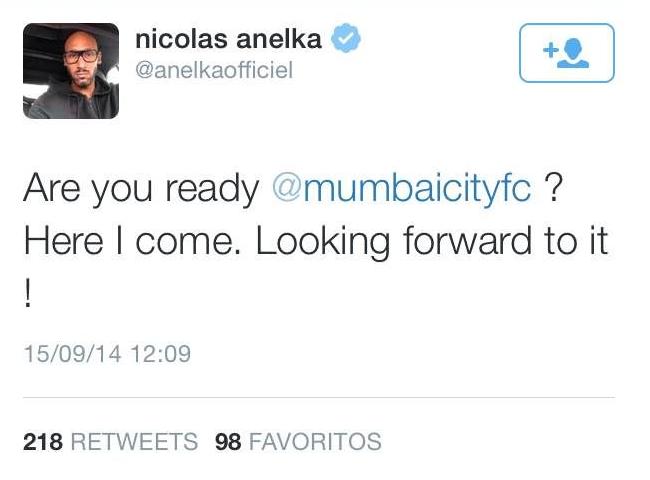 Así ha anunciado Anelka en su Twitter oficial su fichaje por el Mumbai City de la India.