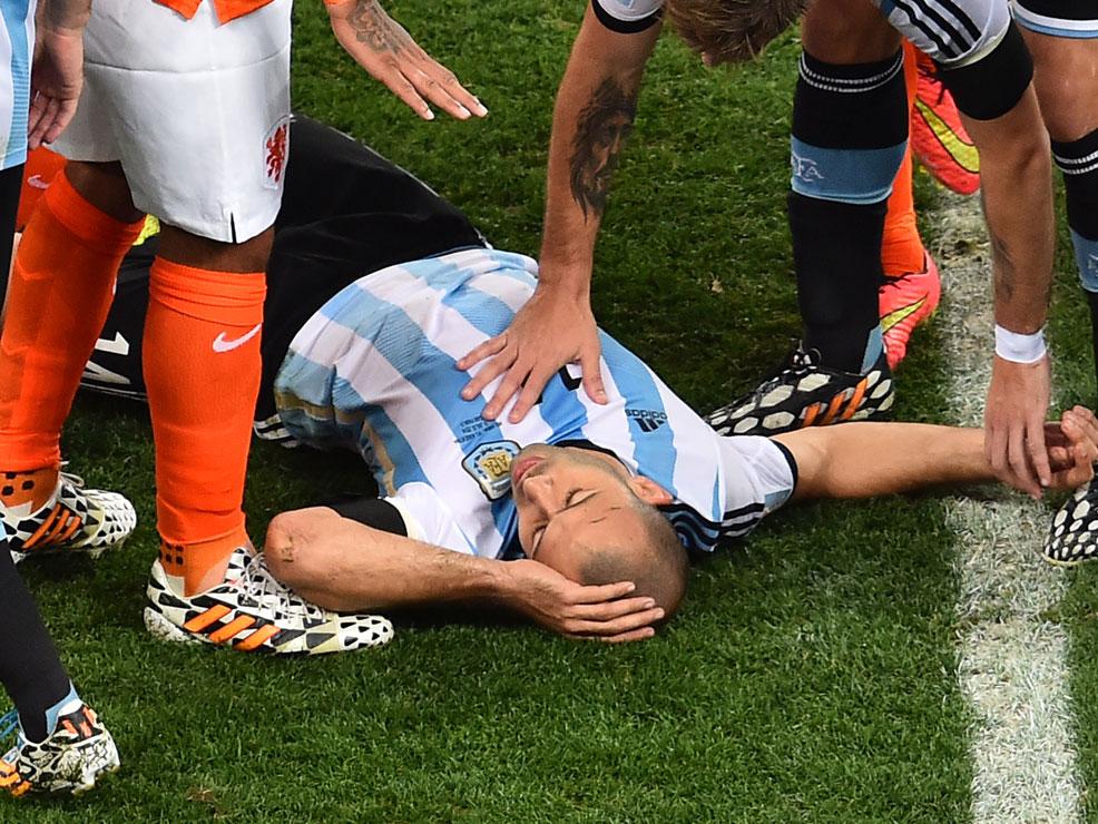Mascherano was almost KO but got up and continued playing the whole game.