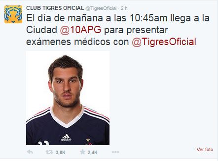 La cuenta de Tigres también anunciaba el fichaje de Gignac . Foto: @TigresOficial 