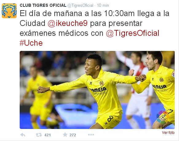 La cuenta oficial de Tigres en Twitter anunciaba así el fichaje de Uche. 