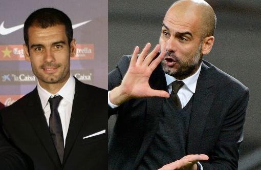 A la izquierda Guardiola en 2008 a su llegada al Barcelona. A la derecha en 2012, sólo 4 años después. De 38 a 42 años. 