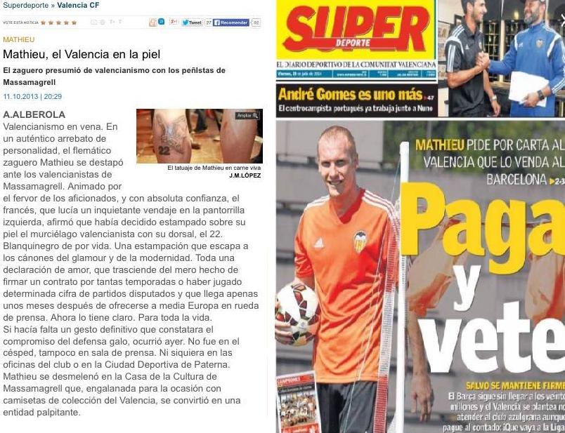 Mathieu de pasión valencianista a despreciado. Foto: portadas superdeporte