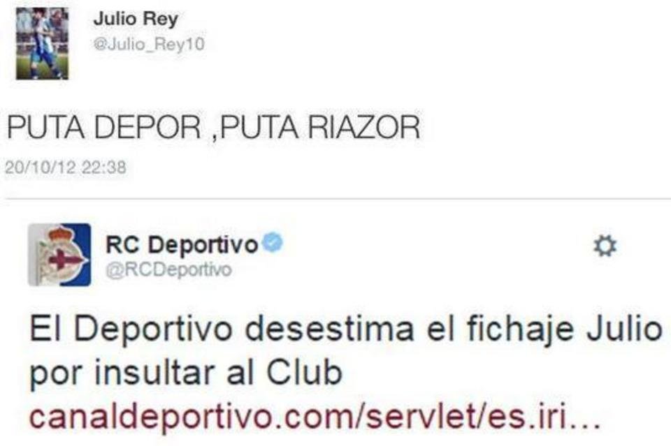 Este mensaje en Twitter en 2012 le pasó factura a Julio Rey en 2015. Foto:Twitter.com