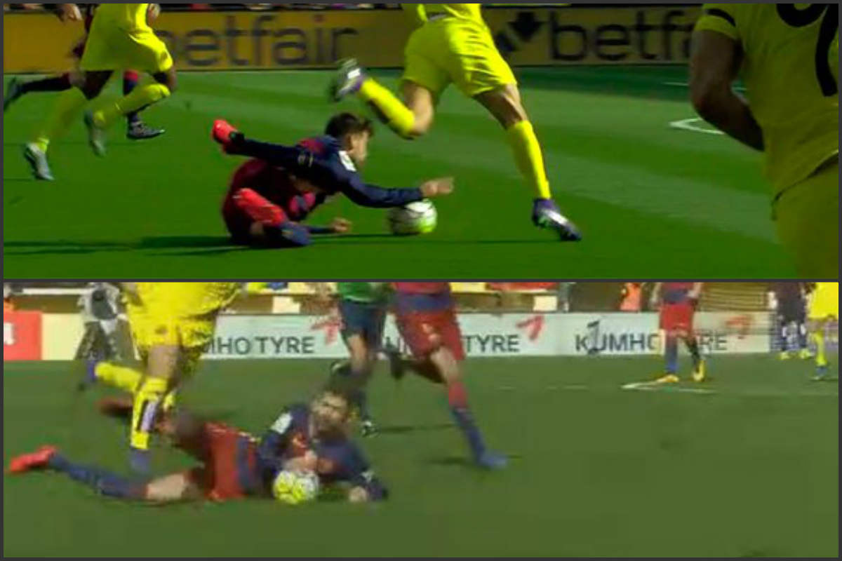 Esta mano de Piqué en Villarreal quedó sin tarjeta y sin nada. Era su segunda. 