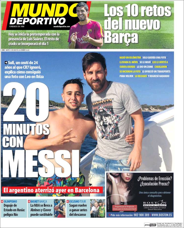 El colega que nadó hasta el yate de Messi tuvo su premio y como no, merecía una portada como la de Mundo Deportivo. Una noticia sin duda indispensable. 