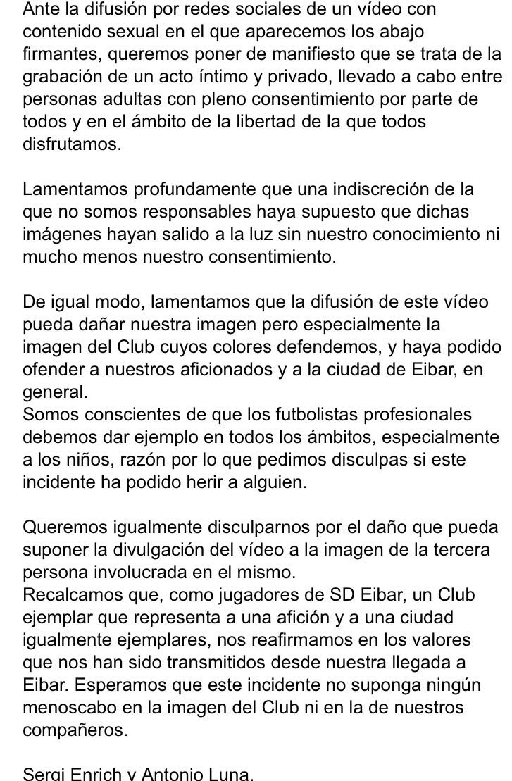 Esta es la carta que ambos jugadores han sacado a la luz tras ser filtrado su vídeo de su fiesta sexual. 