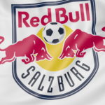 Close-up of waving flag with FC Red Bull Salzburg football club logo, 3D rendering
