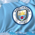 Waving flag with Manchester City football team logo. Editorial 3D rendering